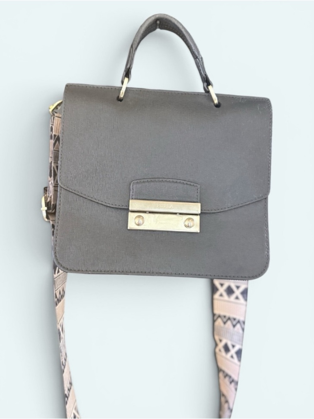 Furla Black Saffiano Leather Top-Handle Satchel with Patterned Guitar Strap